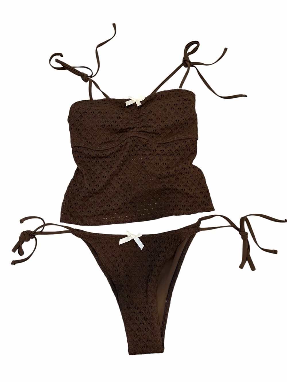 Brown Crochet Two-Piece Swimsuit with White Trim